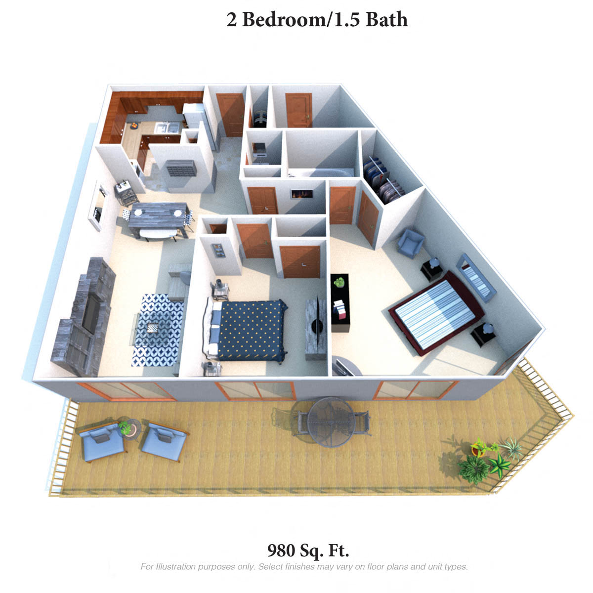 Floor plan for 2 beds, 1.5 baths, 980 sqft